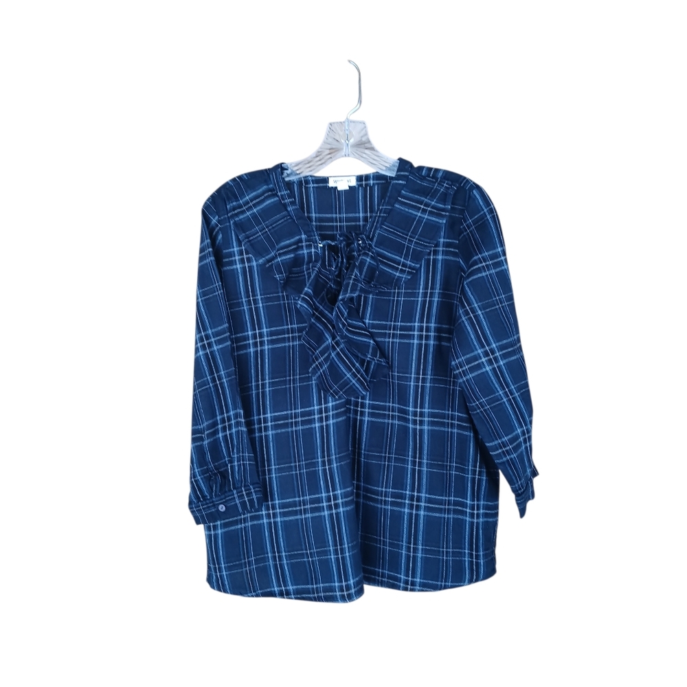 Westport Navy Plaid Ruffle Neck Tunic Medium